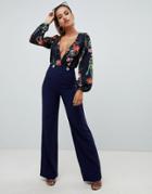 Prettylittlething Wide Leg High Waisted Pants In Blue - Blue