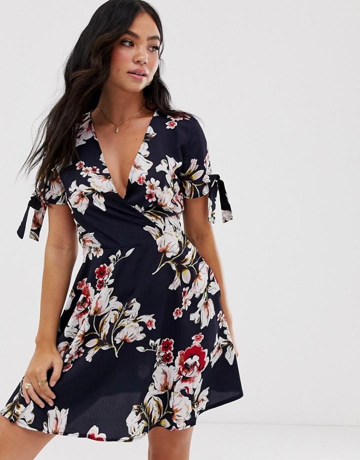 Parisian Wrap Front Dress With Tie Sleeve Detail In Floral Print-navy
