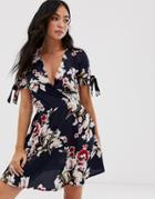 Parisian Wrap Front Dress With Tie Sleeve Detail In Floral Print-navy