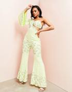 Asos Luxe Embellished Fluted Sleeve Flared Jumpsuit In Lime-green