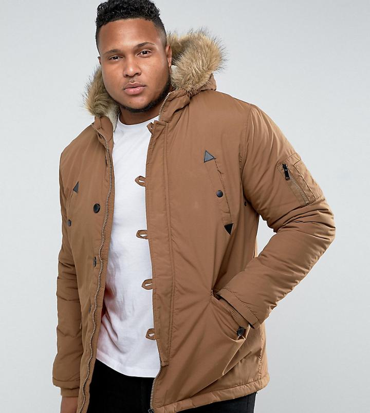 Brave Soul Plus Parka Jacket With Faux Fur Trim Hood - Brown