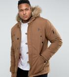 Brave Soul Plus Parka Jacket With Faux Fur Trim Hood - Brown