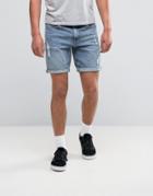 Asos Denim Shorts In Slim With Light Blue Wash And Abrasions - Blue