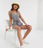 Noisy May Petite Crop Top With Tie Front In Blue Check-blues