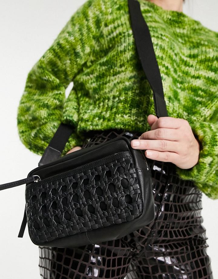 Topshop Weave Detail Leather Crossbody In Black