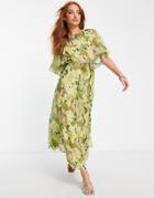 Topshop Ruffle Belted Floral Occasion Dress In Green
