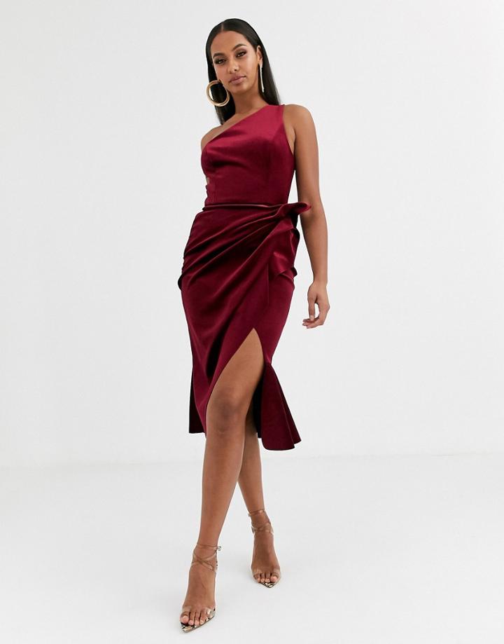 Asos Design Velvet One Shoulder Tuck Detail Midi Dress-red