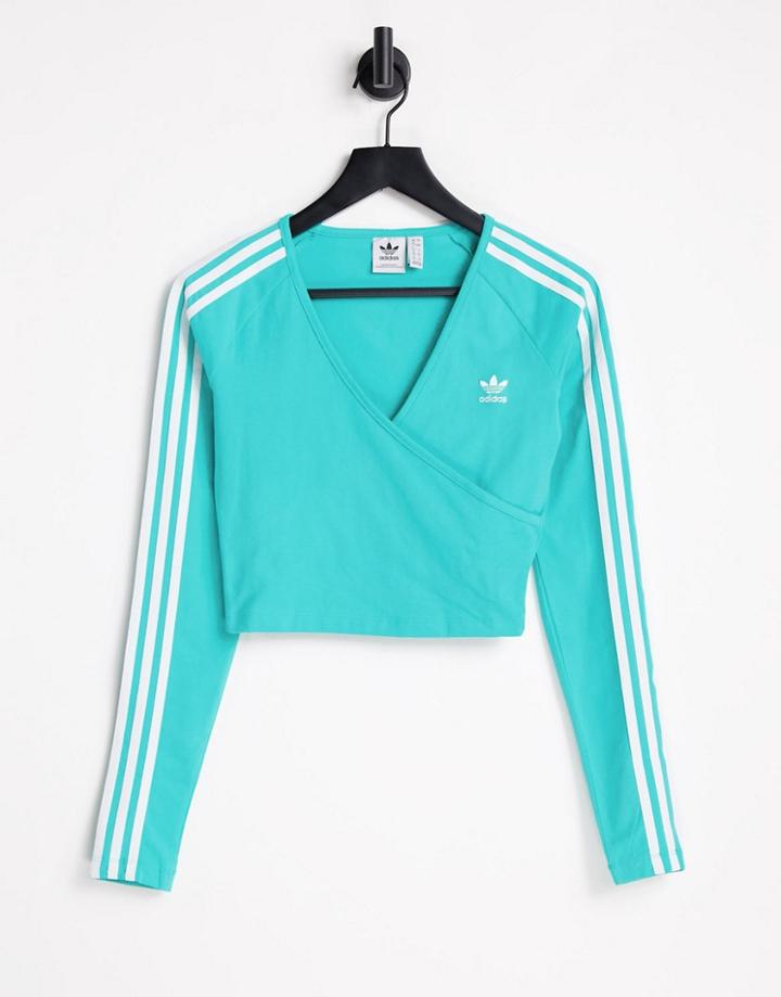 Adidas Originals Adicolor 3 Stripe Cropped Long Sleeve Top In Mint-green