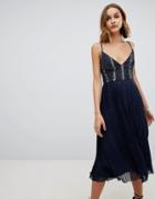 Lace & Beads Embellished Top Dress With Pleated Skirt In Navy
