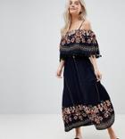 Brave Soul Petite Kaylee Off Shoulder Maxi Dress With Tassel Trim - Navy