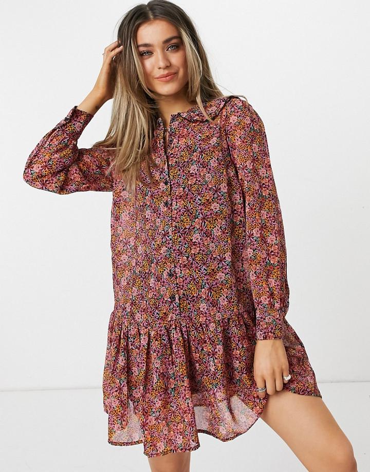New Look Floral Tiered Mini Dress With Collar In Pink