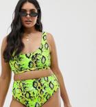 Asos Design Curve Mix And Match High Waist Bikini Bottom In Neon Snake - Green
