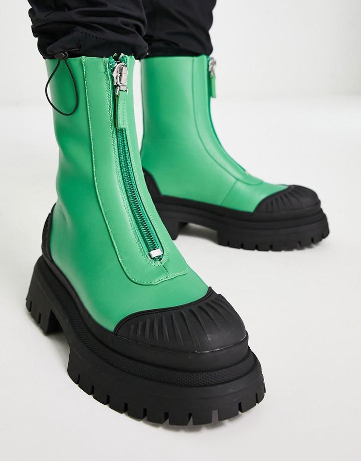 Asos Design Chelsea Boot With Zip Front In Green Faux Leather And Black Sole