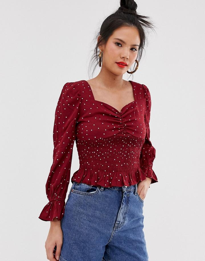 Moon River Polka Dot Ruched Blouse - Red