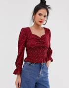Moon River Polka Dot Ruched Blouse - Red