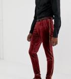 Asos Design Tall Super Skinny Smart Pants In Burgundy Velvet With Gold Piping-red