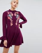 Asos Embroidered Trumpet Sleeve Mini Dress - Purple