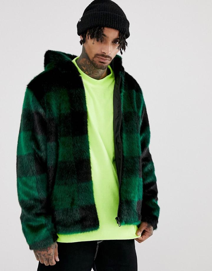 Asos Design Festival Faux Fur Jacket In Green Check