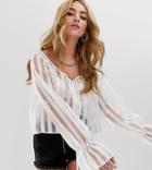 Milk It Vintage Volume Sleeve Top In Sheer Stripe-white