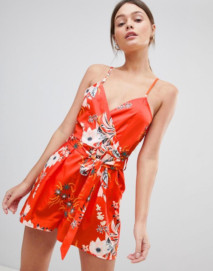 Parisian Cami Floral Print Romper With Tie Waist - Red