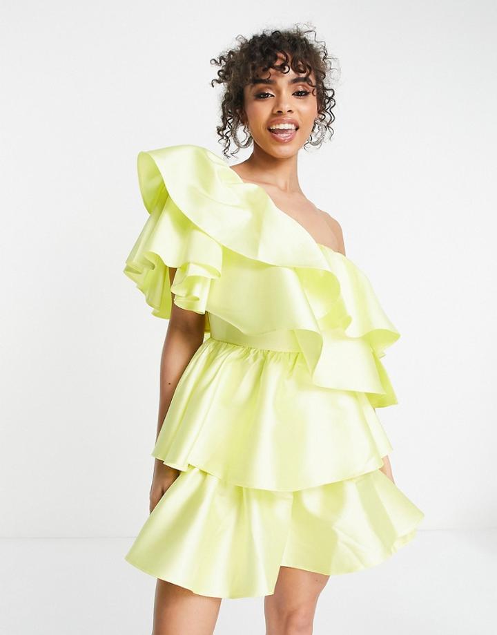 Asos Luxe Satin Ruffle Off Shoulder Mini Dress In Lemon-yellow