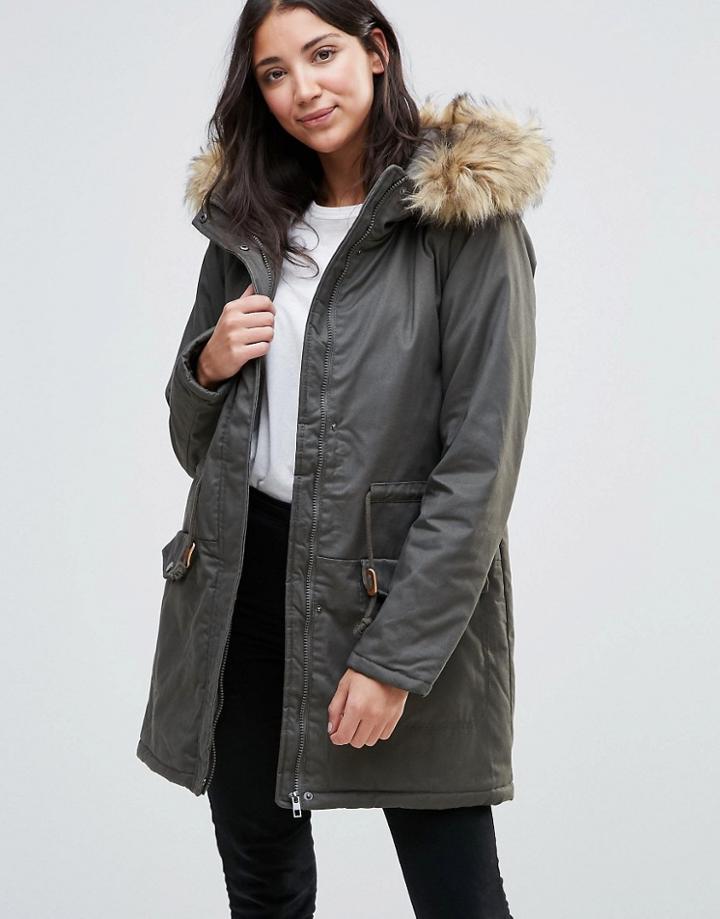 Jdy Mandy Faux Fur Trim Parka - Green