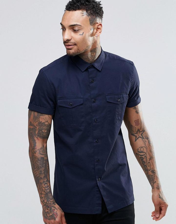 Asos Military Shirt In Navy In Regular Fit - Navy
