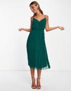 Asos Design Button Front Pleated Cami Midi Dress With Drawstring Waist In Forest Green