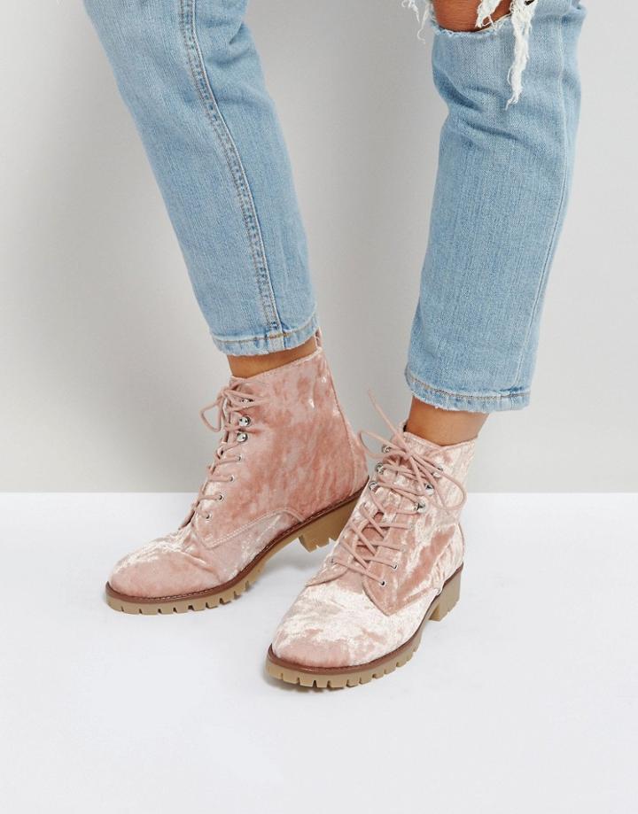 Qupid Velvet Flat Hiker Boot - Beige