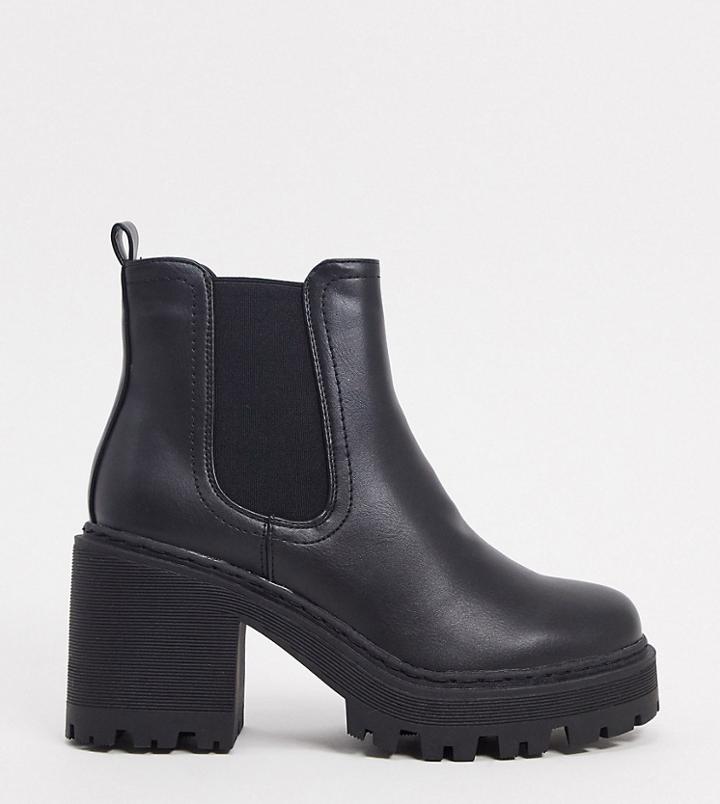 Public Desire Wide Fit Fuzzy Chunky Heeled Ankle Boot In Black