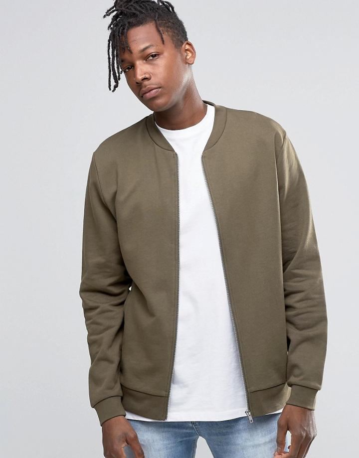 Asos Jersey Bomber Jacket In Khaki - Battlefield