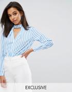 Parallel Lines Wrap Front Choker Collar Top In Stripe - Blue