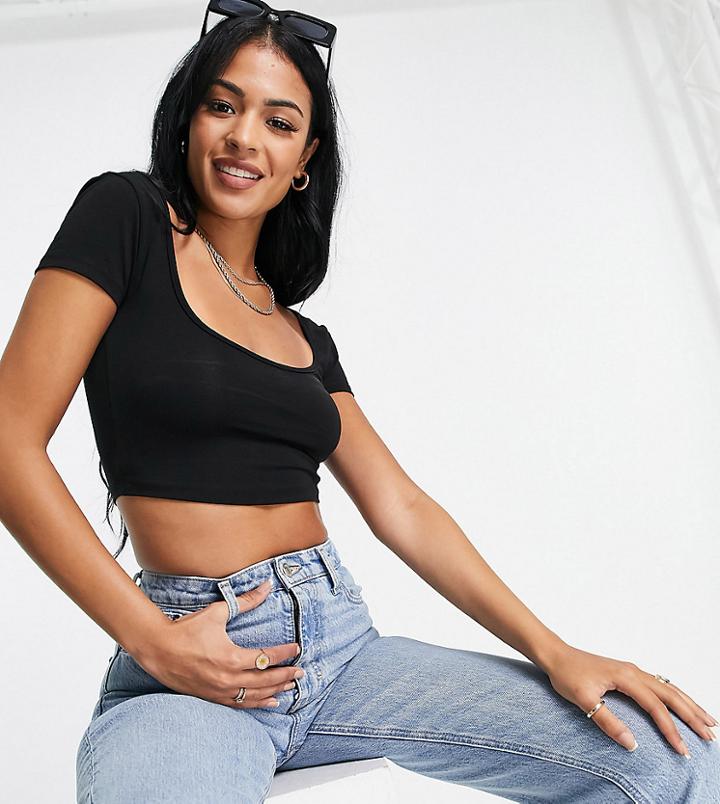 Asos Design Tall Cropped T-shirt With Wide Neck And Cap Sleeves In Black