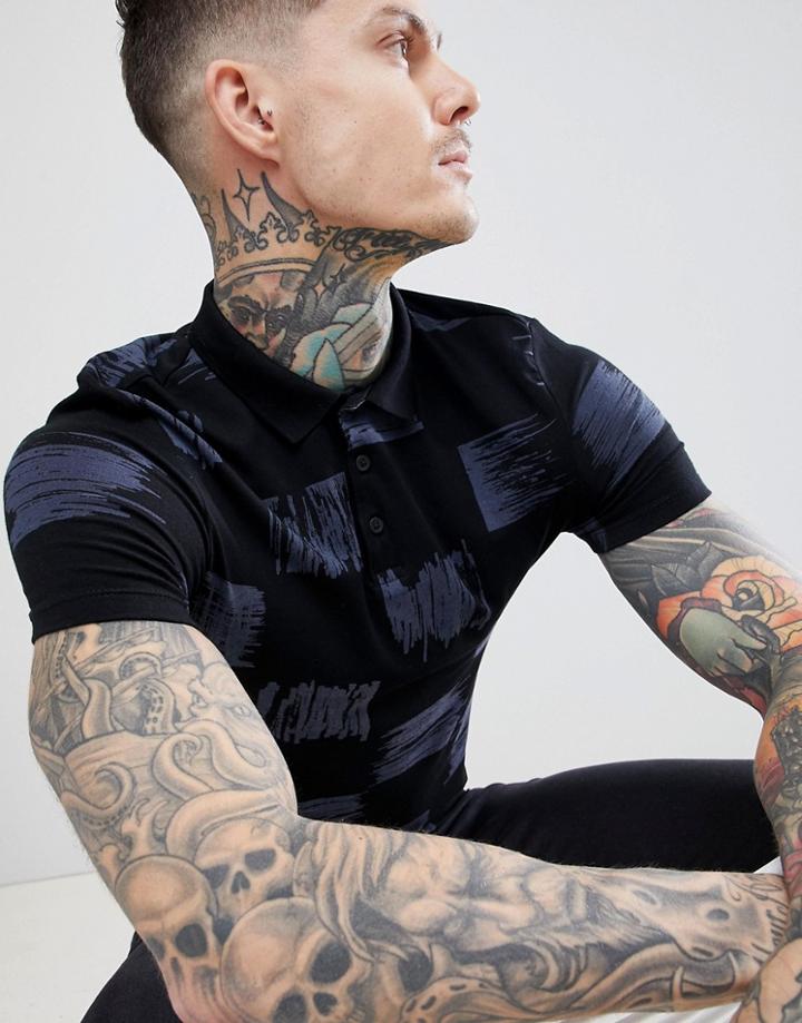 Asos Design Muscle Polo With All Over Squiggle Print - Black