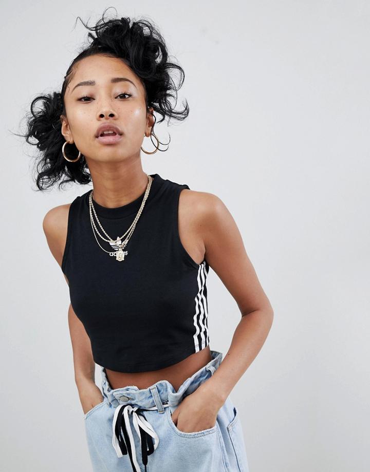 Adidas Originals Adicolor Three Stripe Cropped Tank In Black - Black