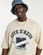Asos Design Oversized T-shirt In Beige Organic Cotton With Collegiate Tennis Print-neutral
