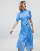 Lost Ink Midi Dress With High Neck And Ring Belt In Satin - Blue