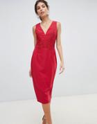 Little Mistress Midi Bodycon Dress With Floral Applique And Lace Back-red