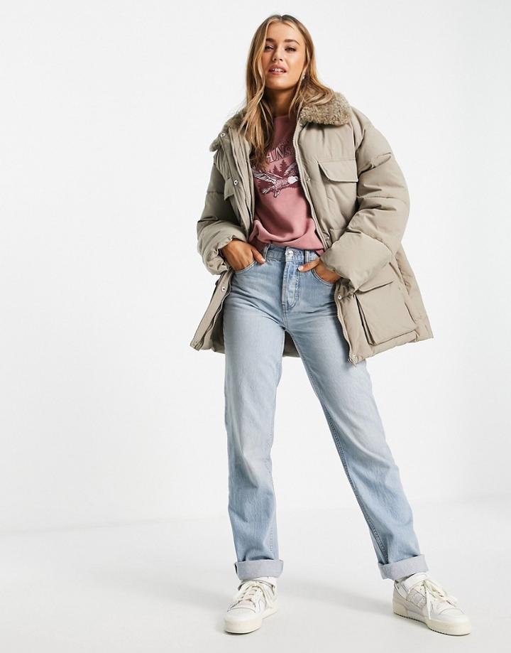 Asos Design Borg Collar Four-pocket Puffer Jacket In Brown