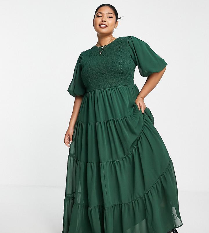 Asos Design Curve Shirred Tiered Maxi Dress In Forest Green