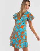 Closet Frill Sleeve & Hem Dress-orange