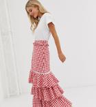Glamorous Midi Skirt With Ruffle Layers In Gingham-red