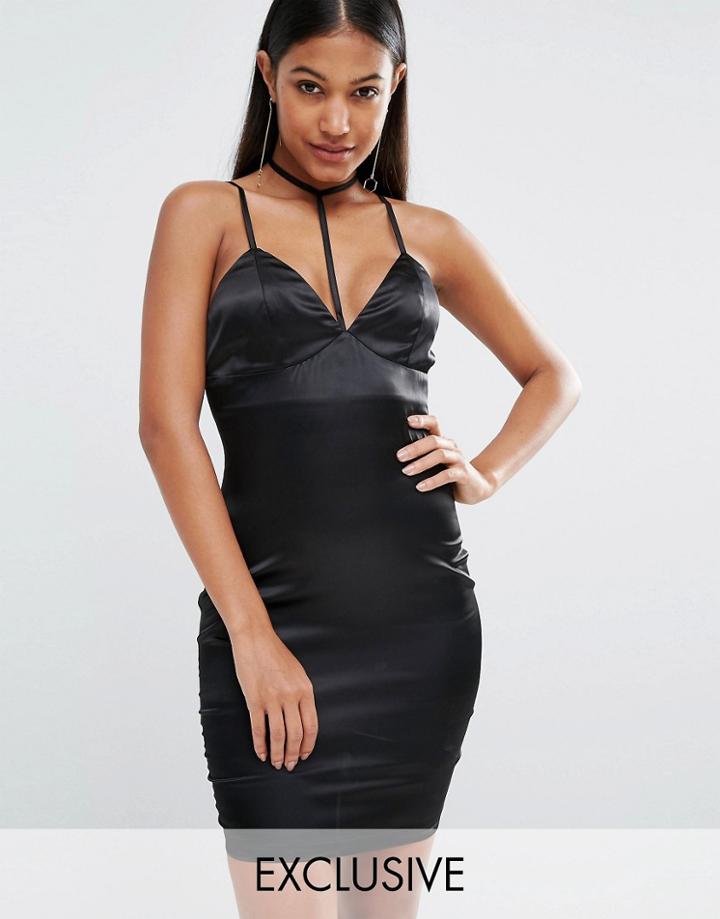 Naanaa Satin Cami Dress With Choker Detail - Black