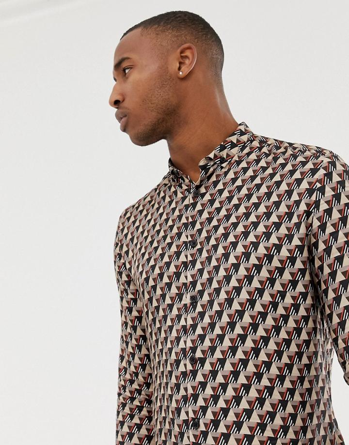 River Island Regular Fit Shirt With Geo Print In Stone - Stone