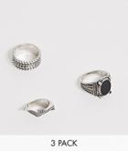 Asos Design Fashion Ring Pack With Stone In Burnished Silver - Silver