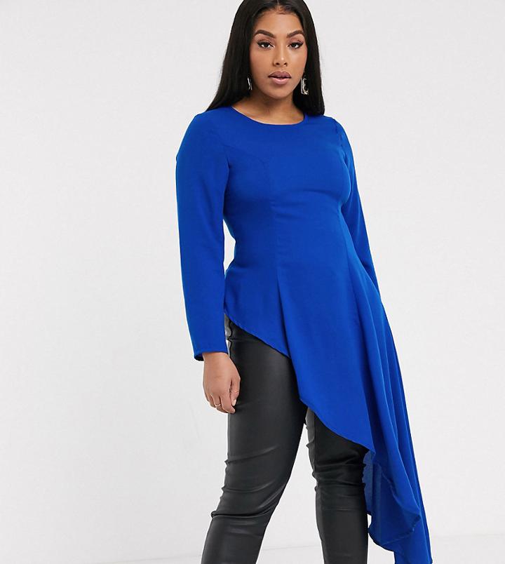 Verona Curve Long Sleeve Top With Maxi Asymetric Hem-blue