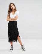 New Look Lace Trim Plisse Midi Skirt - Black