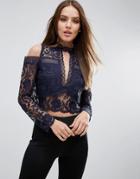 Asos High Neck Cold Shoulder Trophy Top In Mixed Lace - Navy