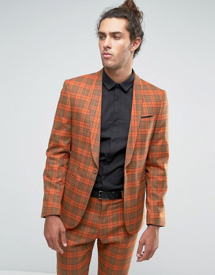Asos Slim Suit Jacket In Plaid Check - Tan