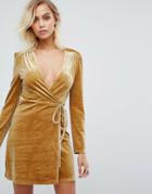 Fashion Union Wrap Dress In Golden Velvet - Gold
